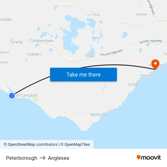 Peterborough to Anglesea map