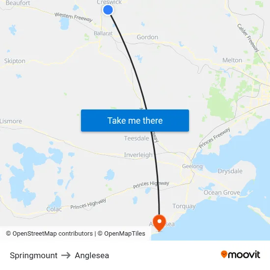 Springmount to Anglesea map