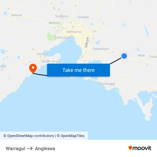 Warragul to Anglesea map