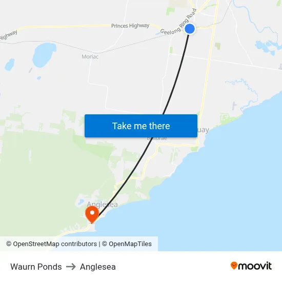 Waurn Ponds to Anglesea map