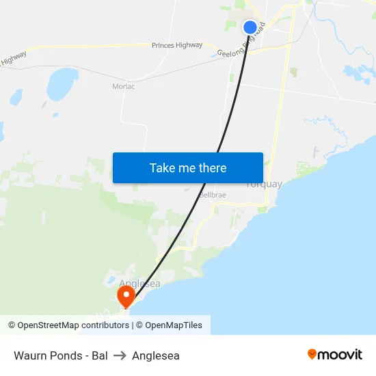 Waurn Ponds - Bal to Anglesea map