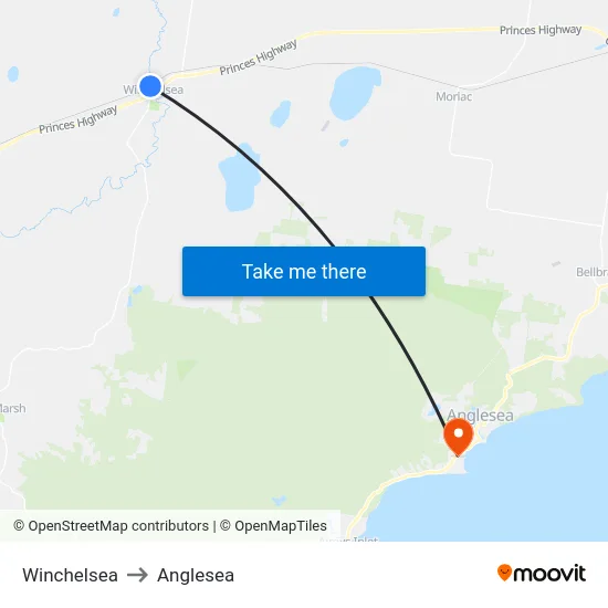 Winchelsea to Anglesea map