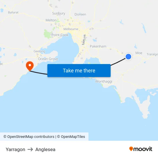 Yarragon to Anglesea map