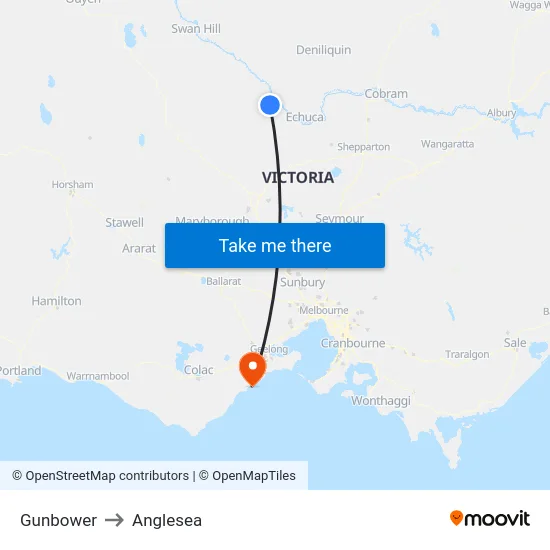 Gunbower to Anglesea map