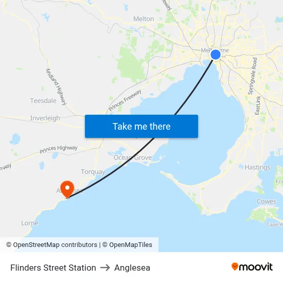 Flinders Street Station to Anglesea map