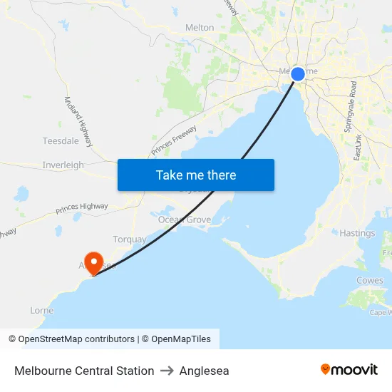 Melbourne Central Station to Anglesea map