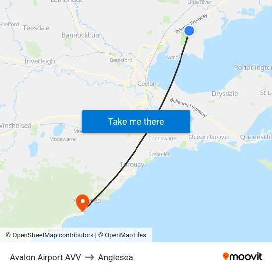 Avalon Airport AVV to Anglesea map