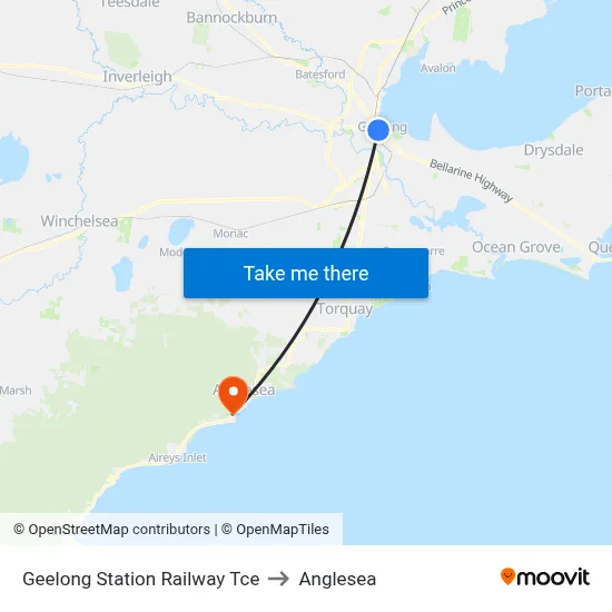 Geelong Station Railway Tce to Anglesea map