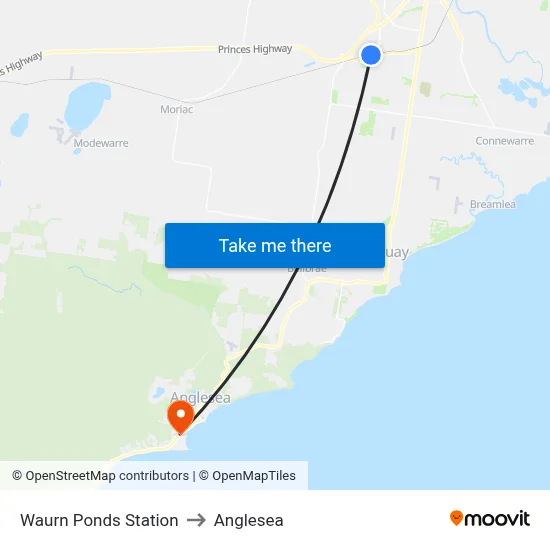 Waurn Ponds Station to Anglesea map