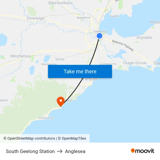 South Geelong Station to Anglesea map