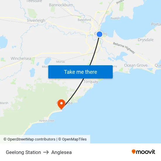 Geelong Station to Anglesea map