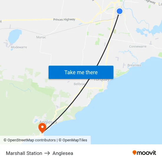 Marshall Station to Anglesea map