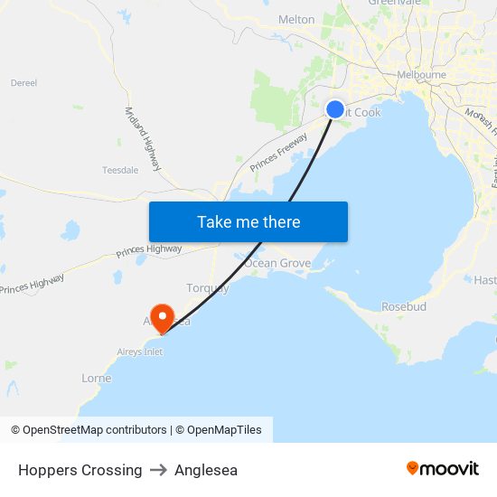 Hoppers Crossing to Anglesea map