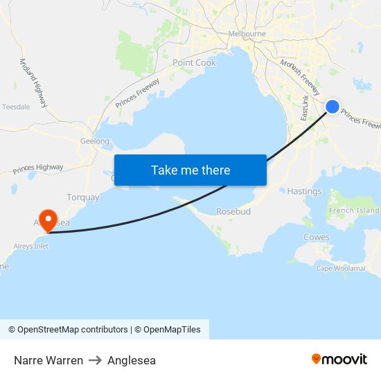 Narre Warren to Anglesea map