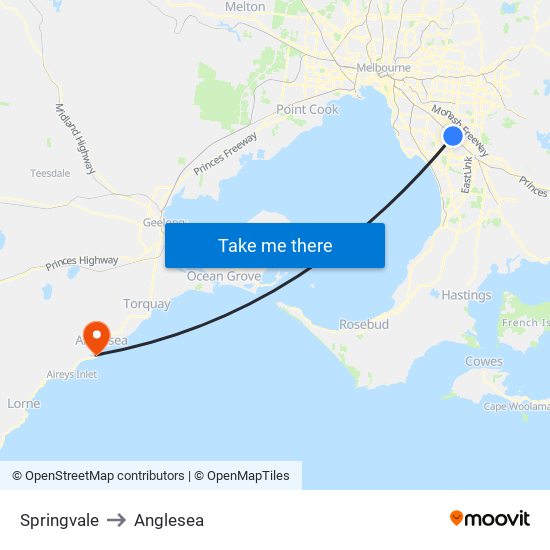 Springvale to Anglesea map