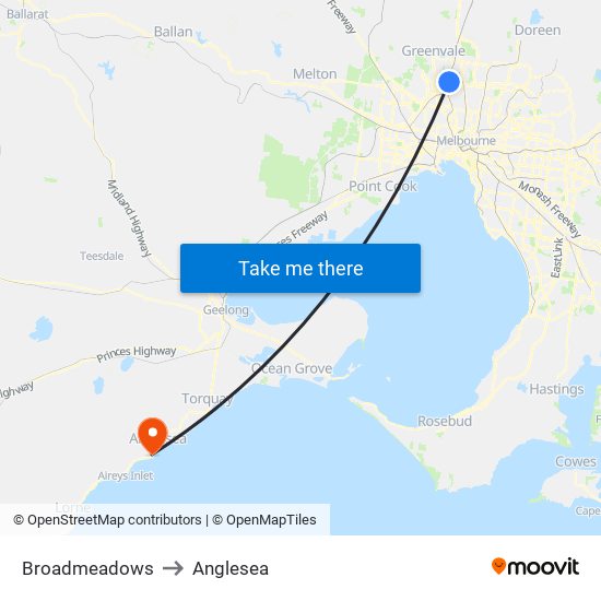 Broadmeadows to Anglesea map