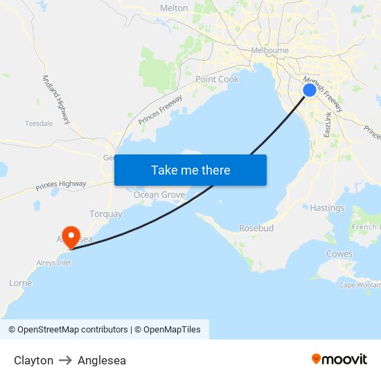 Clayton to Anglesea map