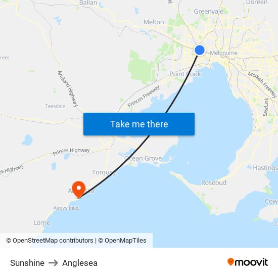 Sunshine to Anglesea map