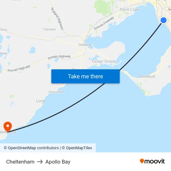 Cheltenham to Apollo Bay map