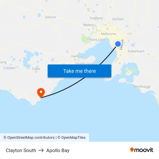 Clayton South to Apollo Bay map