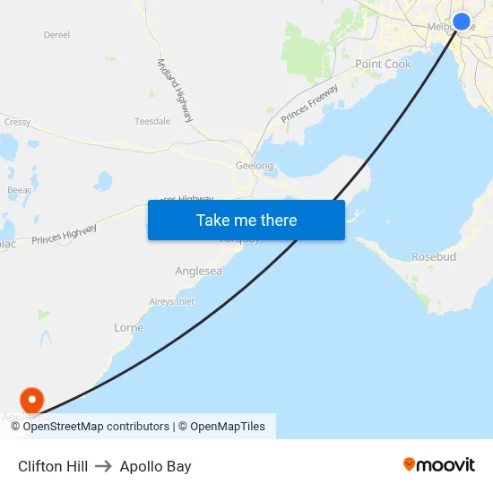 Clifton Hill to Apollo Bay map