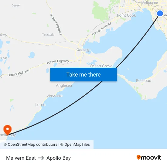 Malvern East to Apollo Bay map