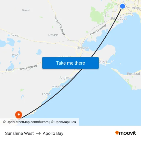 Sunshine West to Apollo Bay map