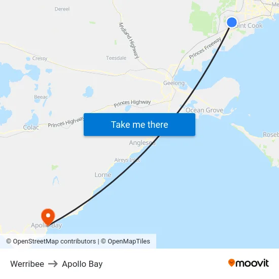 Werribee to Apollo Bay map