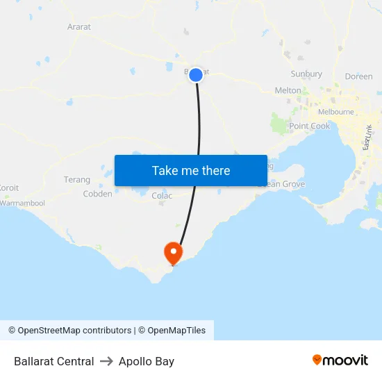 Ballarat Central to Apollo Bay map