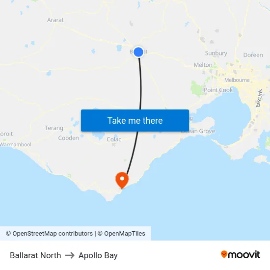 Ballarat North to Apollo Bay map