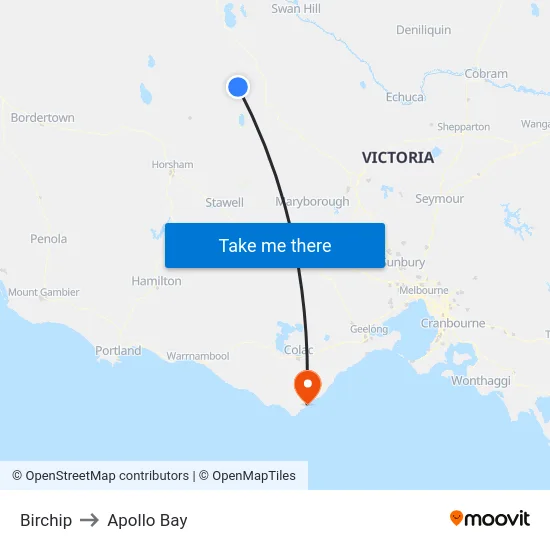 Birchip to Apollo Bay map