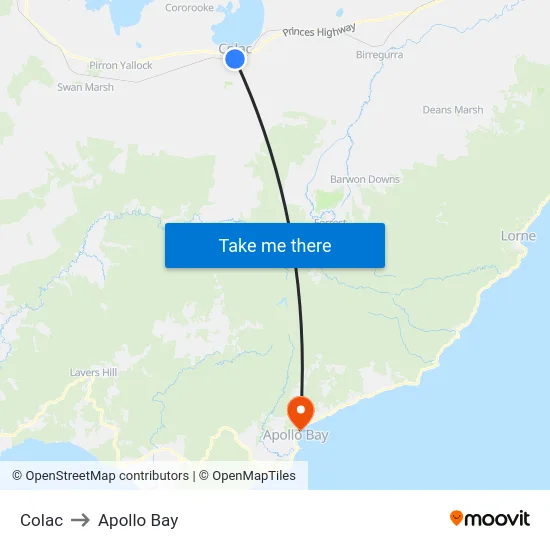 Colac to Apollo Bay map