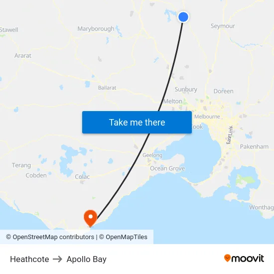 Heathcote to Apollo Bay map