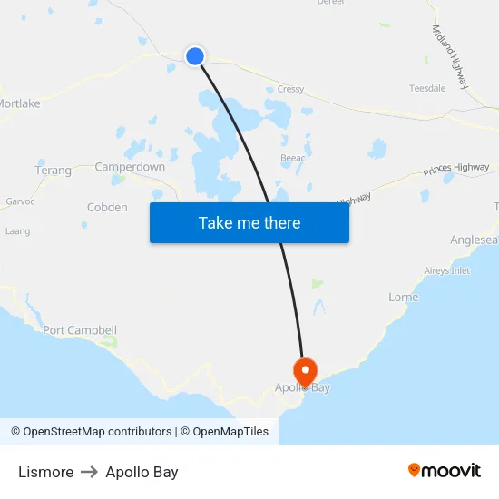 Lismore to Apollo Bay map