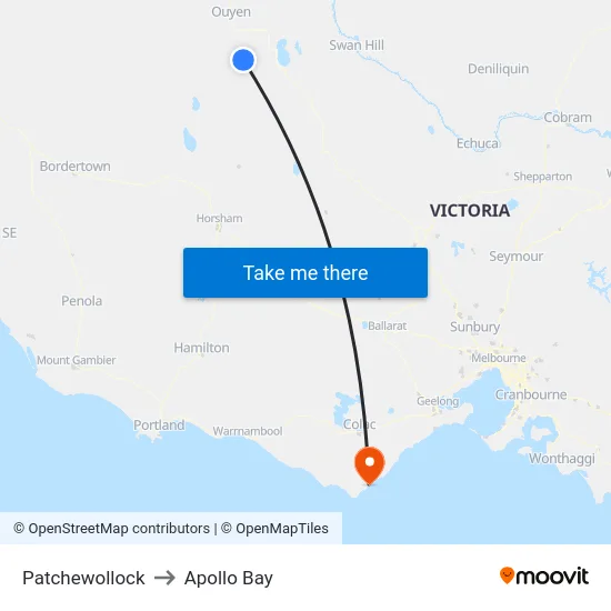 Patchewollock to Apollo Bay map
