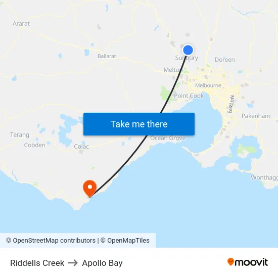 Riddells Creek to Apollo Bay map