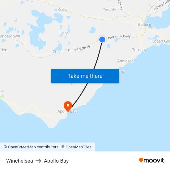 Winchelsea to Apollo Bay map