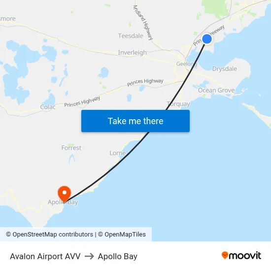 Avalon Airport AVV to Apollo Bay map