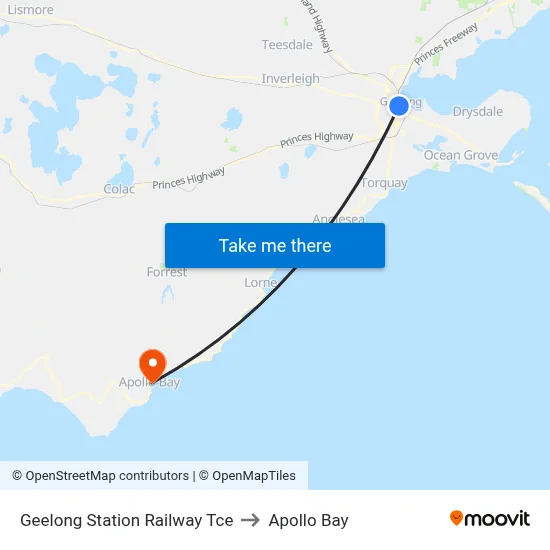 Geelong Station Railway Tce to Apollo Bay map