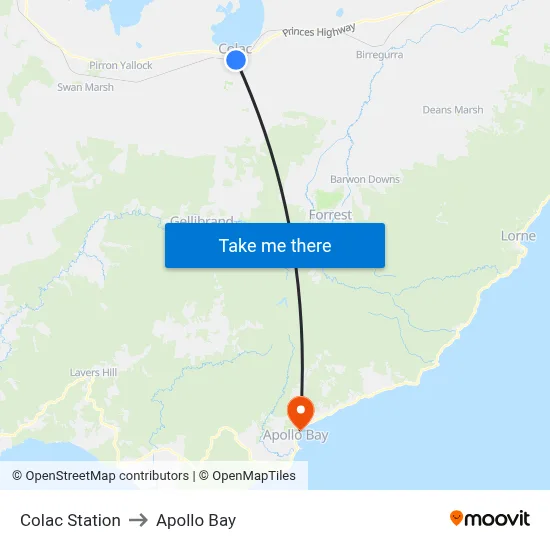 Colac Station to Apollo Bay map