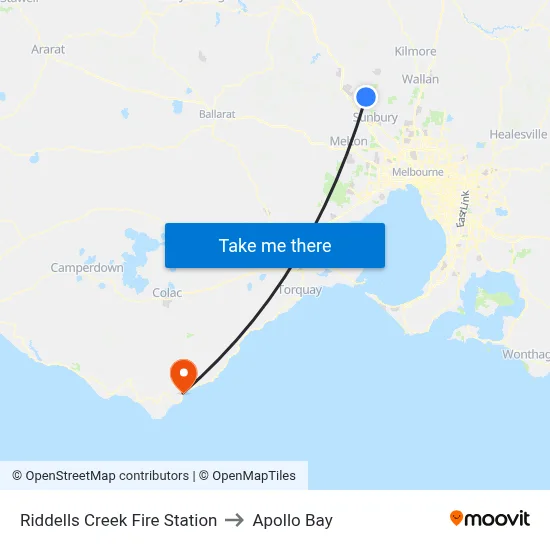 Riddells Creek Fire Station to Apollo Bay map