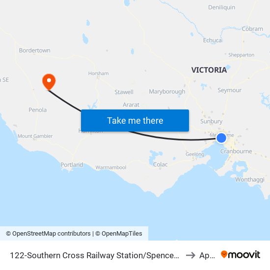 122-Southern Cross Railway Station/Spencer St (Melbourne City) to Apsley map
