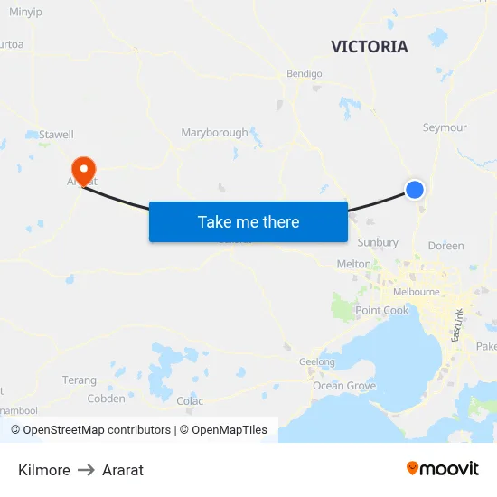 Kilmore to Ararat map