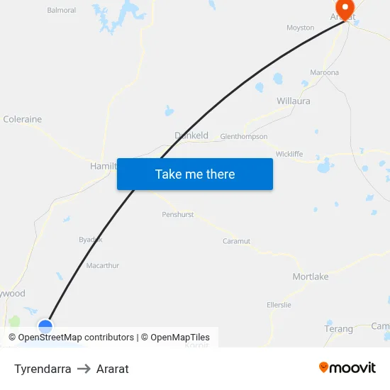 Tyrendarra to Ararat map