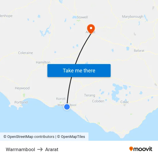 Warrnambool to Ararat map