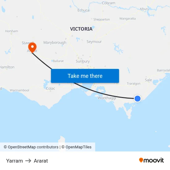 Yarram to Ararat map