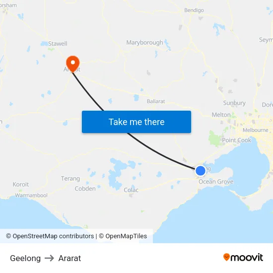 Geelong to Ararat map