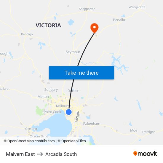 Malvern East to Arcadia South map