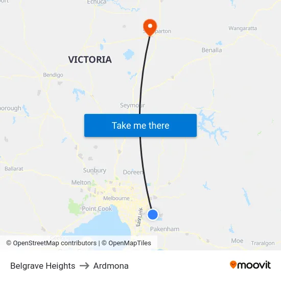 Belgrave Heights to Ardmona map