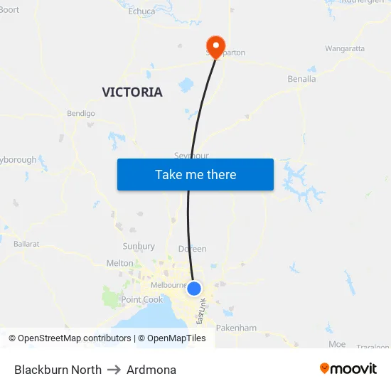 Blackburn North to Ardmona map